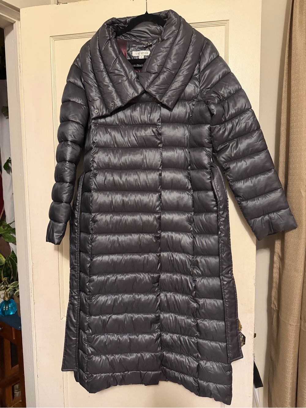 Via Spiga Long Quilted Puffer Coat in Charcoal Gray